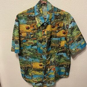 Blue and Green Casual Button Down Shirt with Tropical Pattern
